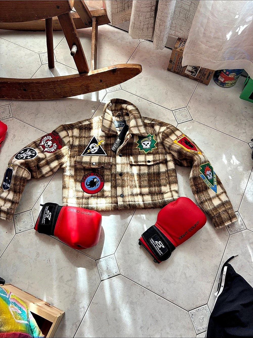 First Row Plaid Patchwork Women's Jacket Size Small Patches art work CrAZY NWT